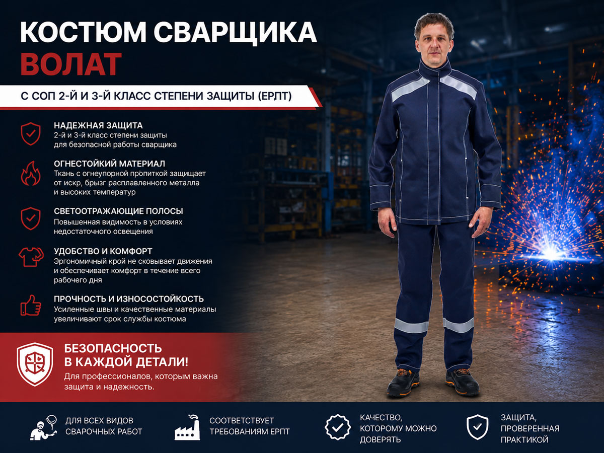 Костюм сварщика ВОЛАТ с СОП: надежная защита 2 и 3 класса для профессиональной работы